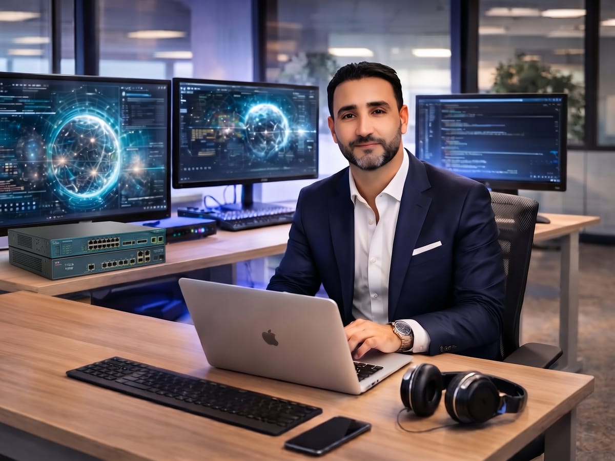 Aziz Bibaouane dans son espace de travail, entre commutateurs réseau et écrans de supervision